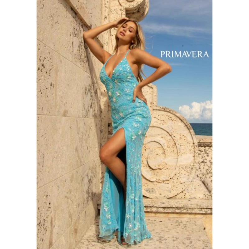 The Arabella Turquoise Floral Beaded Sequin Sheath Gown