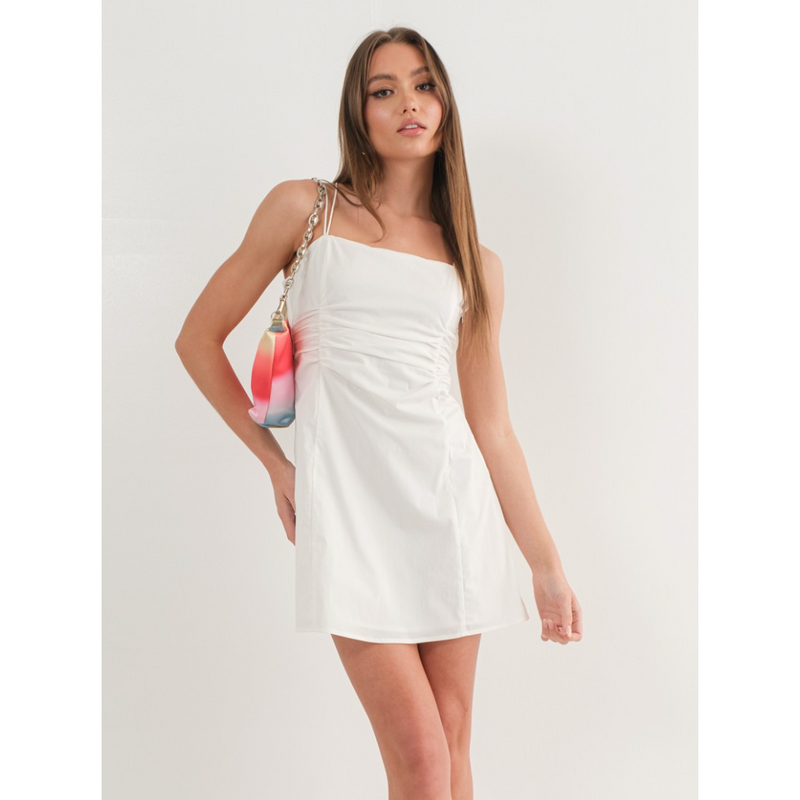 The Saturday White Ruched Poplin Mini Dress by