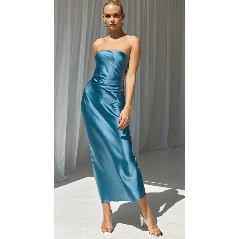 The Athena Steel Blue Strapless Satin Column Maxi Dress