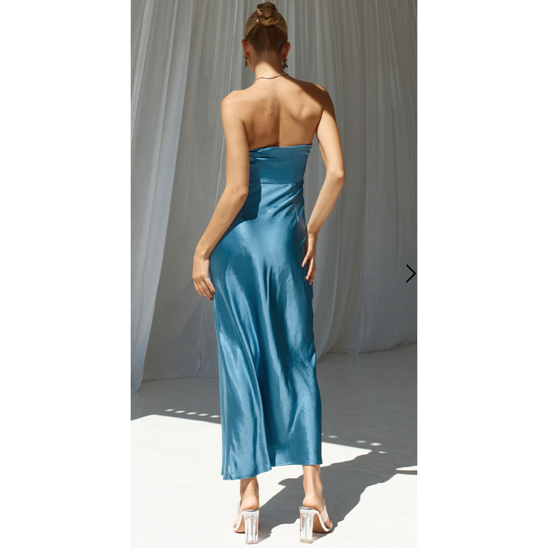 The Athena Steel Blue Strapless Satin Column Maxi Dress
