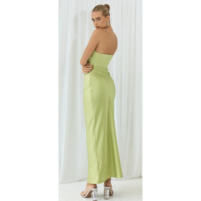 The Athena Lime Strapless Satin Column Maxi Dress