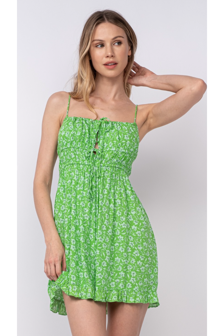 The Color Me Happy Green Floral Cami Babydoll Mini Dress Cason Couture