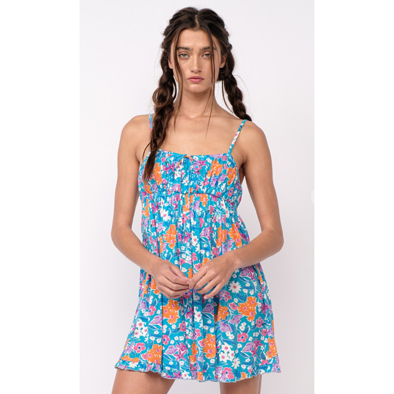 The Picnic in the Park Blue Floral Babydoll Mini Dress