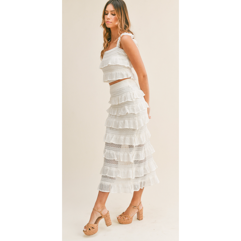 The Daylily Two Piece Premium Knit Ruffle Top and Midi Skirt Set