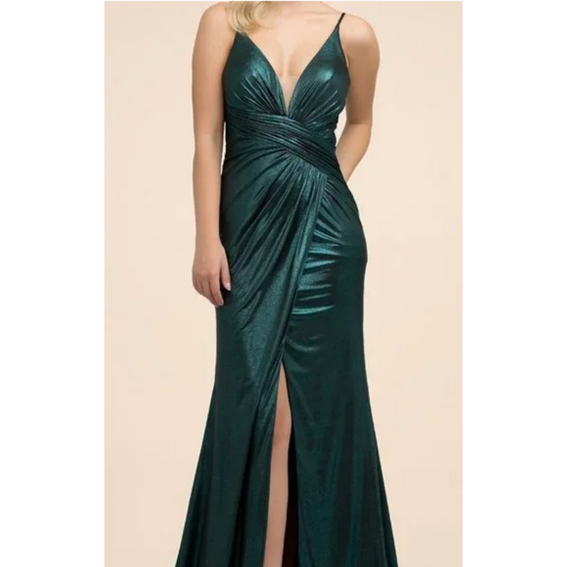 The Colleen Metallic Green Deep V-Neck Gown