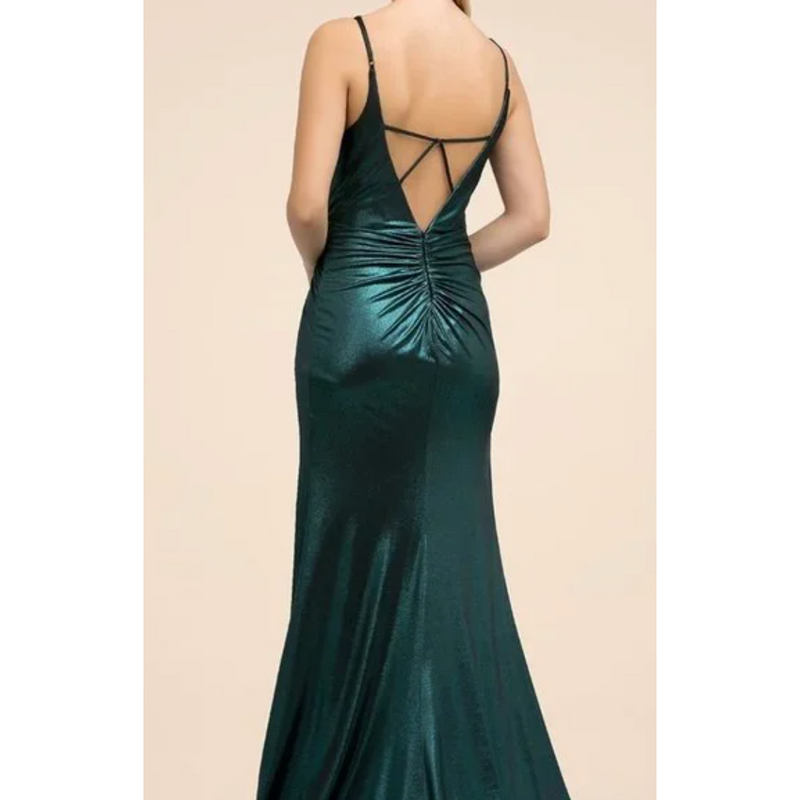 The Colleen Metallic Green Deep V-Neck Gown