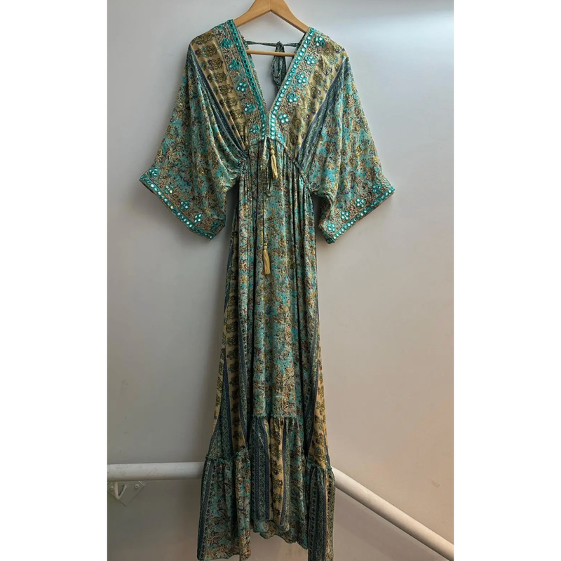 The Cancun Green Pattern Tassel Kimono Maxi Dress