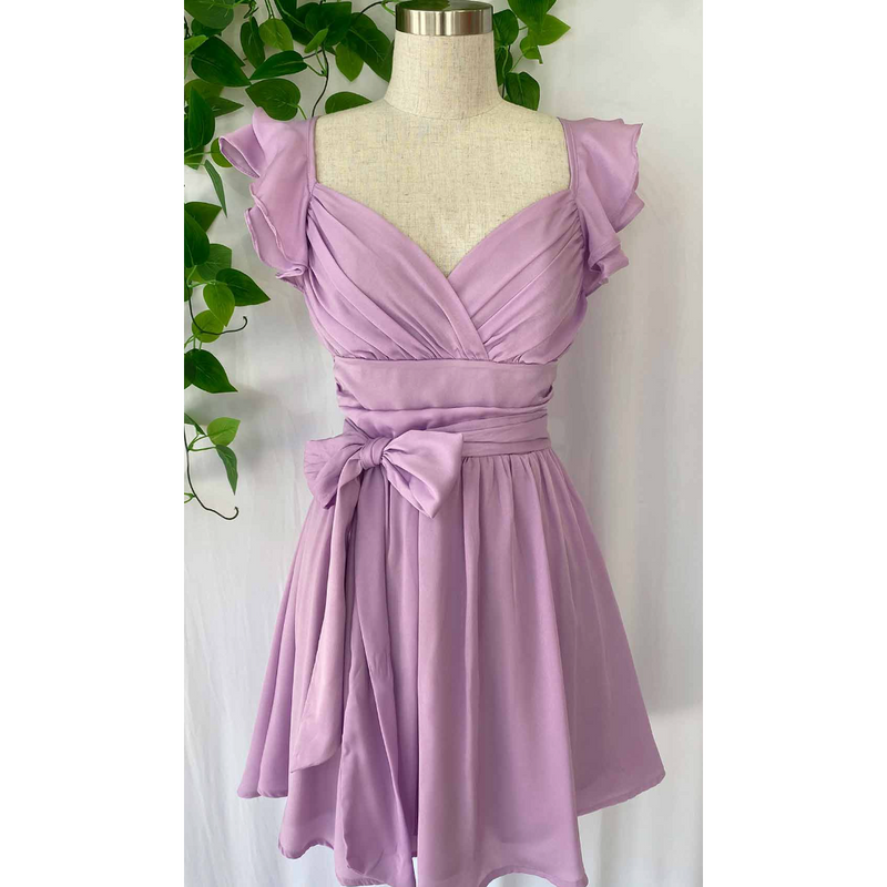 The Tila Lavender Chiffon Puff Sleeve Tie Mini Dress