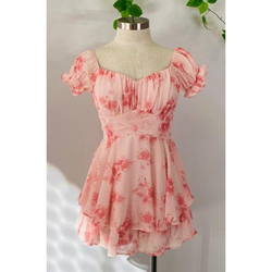 The Lulu Pink/Coral Chiffon Abstract Floral Puff Sleeve Tie Back Romper