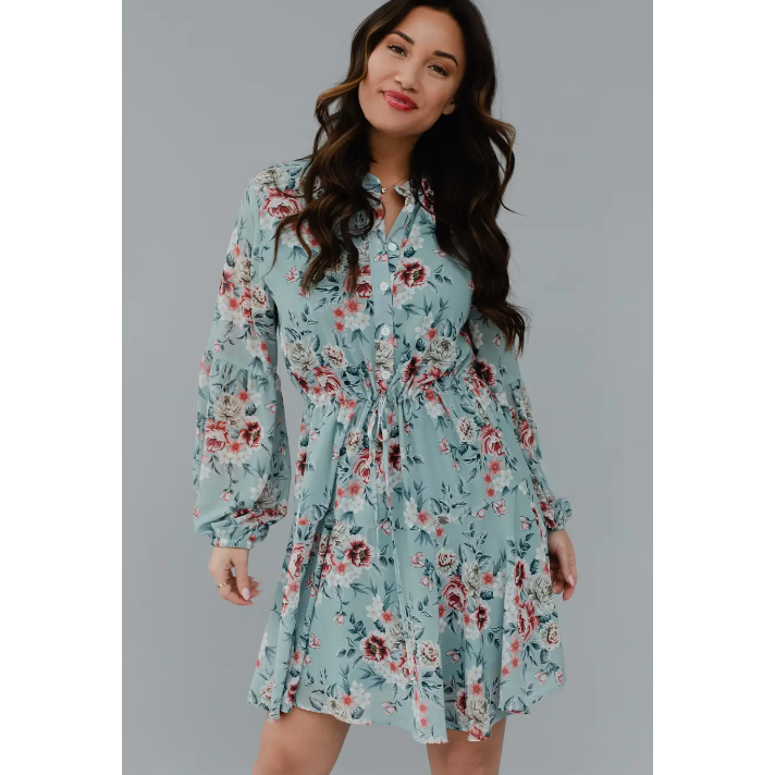 The Bloom Dusty Blue Floral Balloon Sleeve Dress