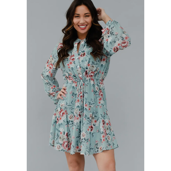 The Bloom Dusty Blue Floral Balloon Sleeve Dress