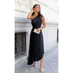 The Alexis Black One Shoulder Pleated Midi Dress