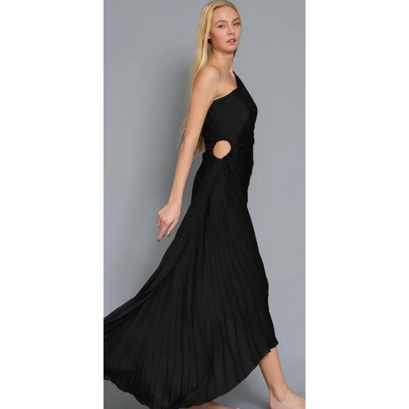 The Alexis Black One Shoulder Pleated Midi Dress