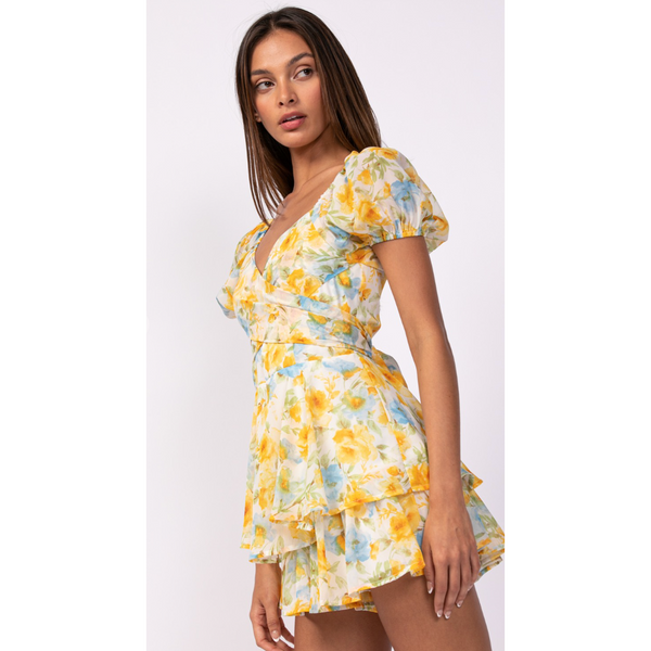 The Wildflower Yellow Floral Puff Sleeve Tie Back Romper