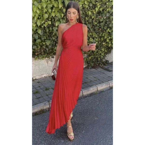 The Alexis Red One Shoulder Pleated Midi Dress