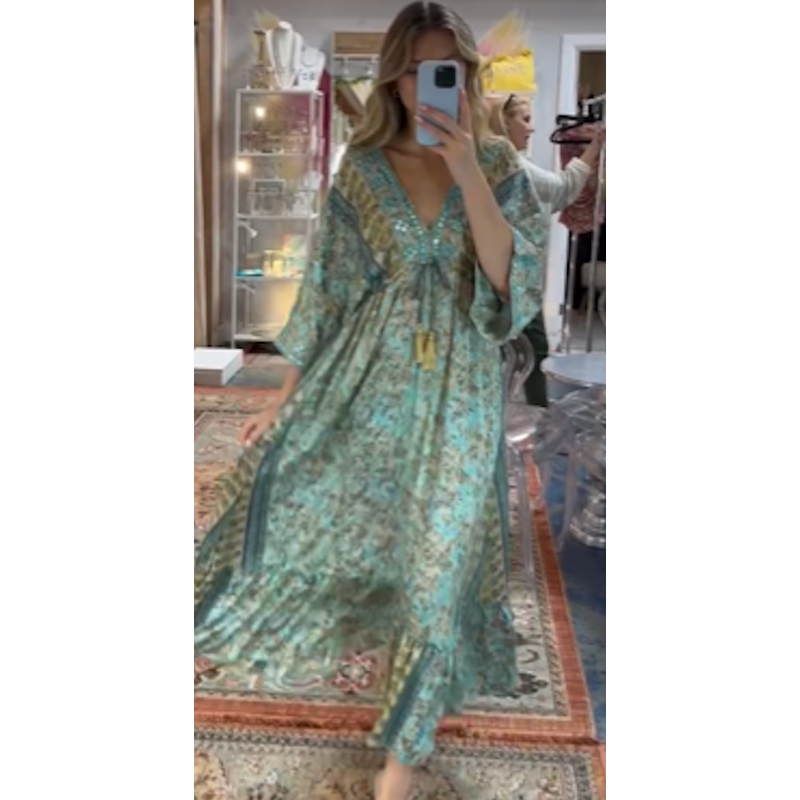 The Cancun Green Pattern Tassel Kimono Maxi Dress