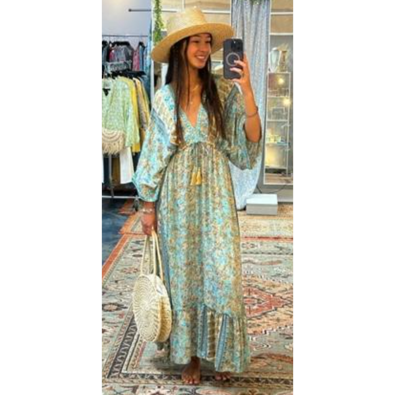 The Cancun Green Pattern Tassel Kimono Maxi Dress