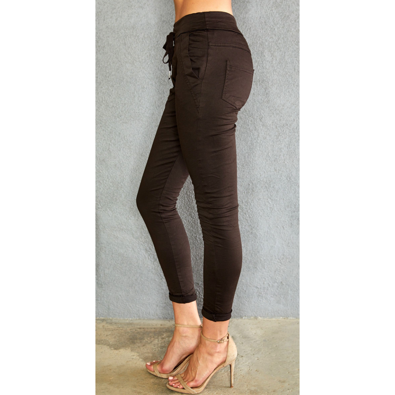 The Shasta Solid Black Drawstring Stretch Crinkle Skinny Pants