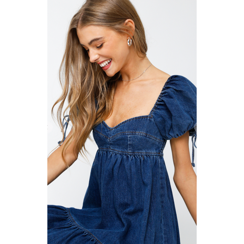 The Dolly Denim Puff Sleeve Babydoll Mini Dress