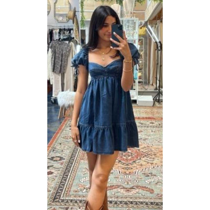 The Dolly Denim Puff Sleeve Babydoll Mini Dress