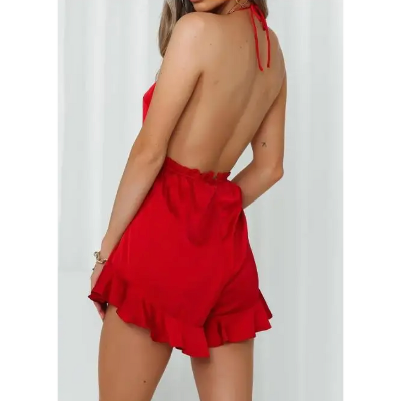 The Lucky in Love Red Tie Front Flounce Hem Romper