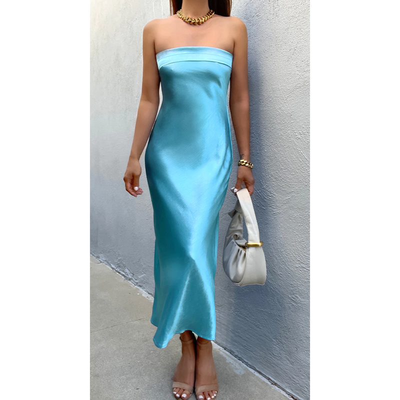 The Jane Aqua Strapless Column Midi Dress