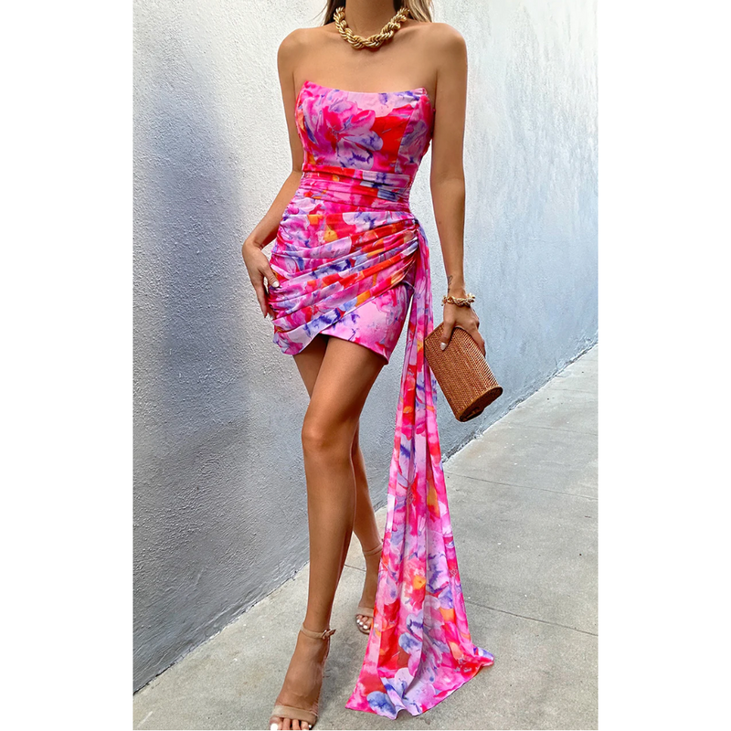 The Caprice Pink Floral Strapless Mini Dress