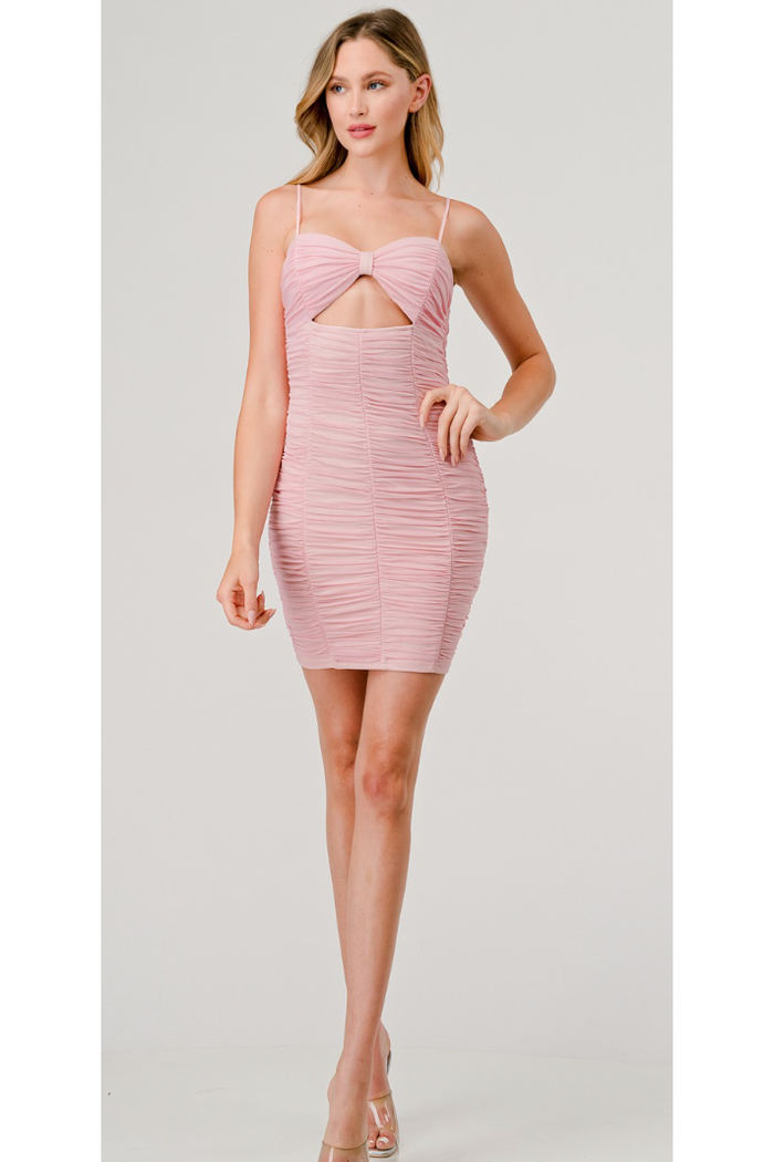 The Krista Light Pink Ruched Mesh Cutout Midriff Bow Mini Dress Cason Couture The Krista Light Pink Ruched Mesh Cutout Midriff Bow Mini Dress Cason Couture
