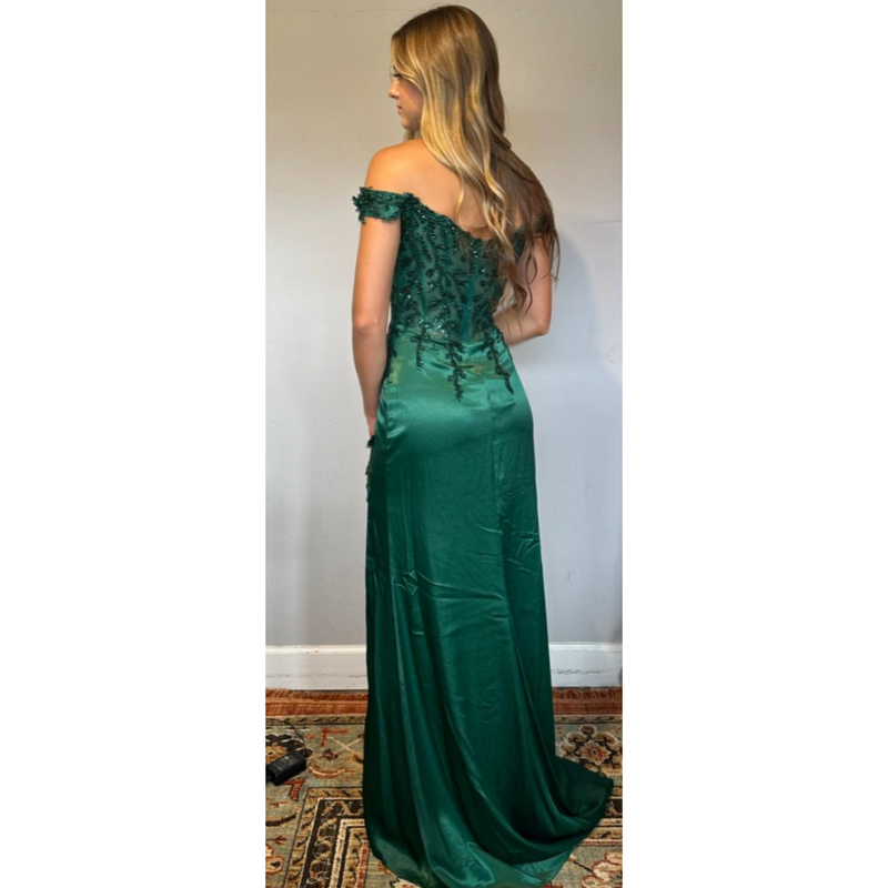 The Nadia Emerald Sheer Corset Bodice Off The Shoulder Embellished Gown