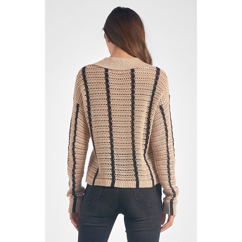 The Hayden Tan Open Work Collared Button Up Sweater