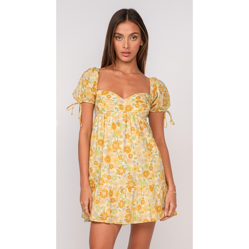 The Tallulah Yellow Floral Puff Sleeve Sweetheart Neck Babydoll Mini Dress