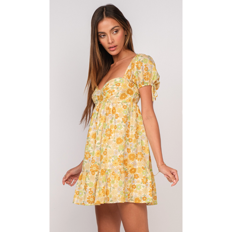 The Tallulah Yellow Floral Puff Sleeve Sweetheart Neck Babydoll Mini Dress