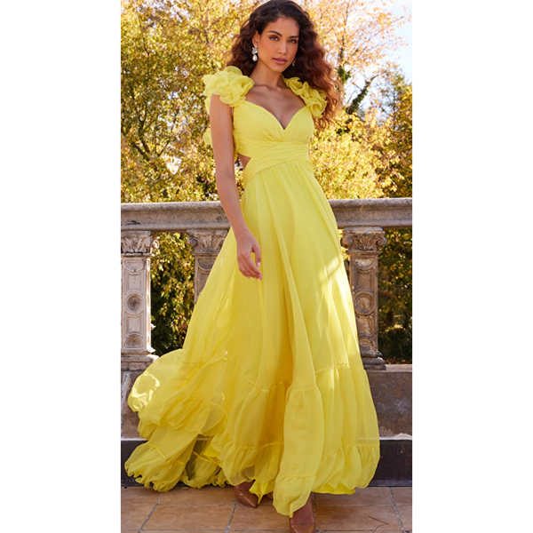 The Jovani 23320 Yellow Chiffon Ruffle Shoulder Full Skirt Gown