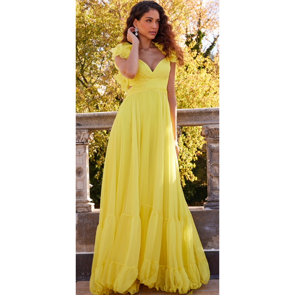 The Jovani Yellow Chiffon Ruffle Shoulder Full Skirt Gown