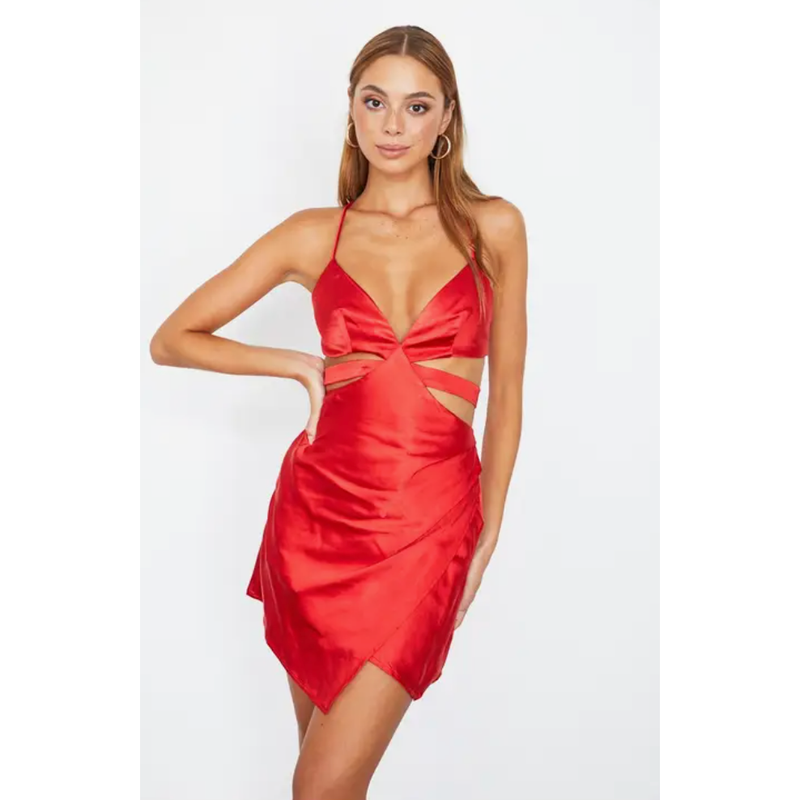 The Roxanne Red Satin Cutout Mini Dress