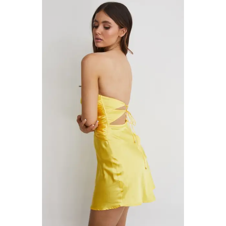 The Regina Yellow Strapless Satin Keyhole Cutout Mini Dress