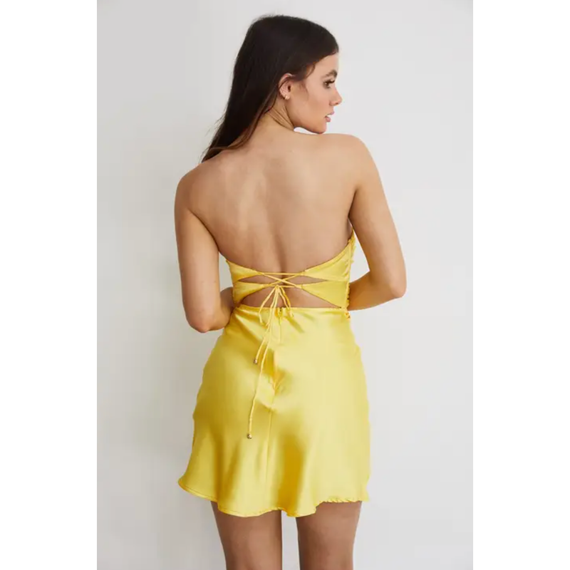 The Regina Yellow Strapless Satin Keyhole Cutout Mini Dress