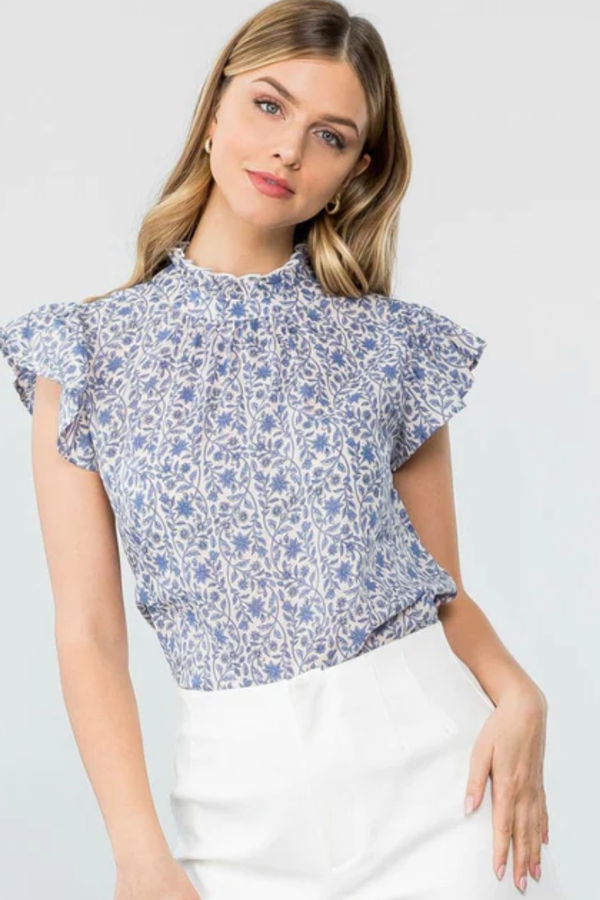 The Izzy Blue Floral Print Ruffle Sleeve Top