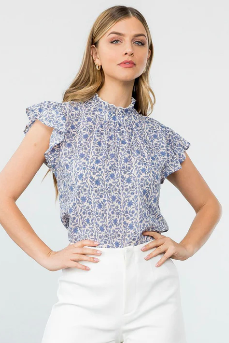 The Izzy Blue Floral Print Ruffle Sleeve Top