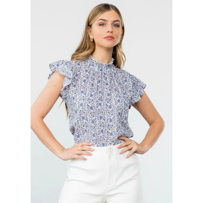 The Izzy Blue Floral Print Ruffle Sleeve Top