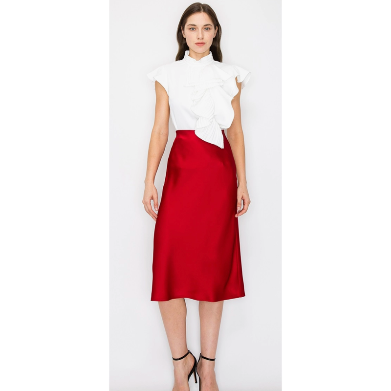 The Mary Red Satin Midi Skirt