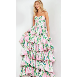 The Jovani 37058A Floral Print Tiered Full Skirt Gown