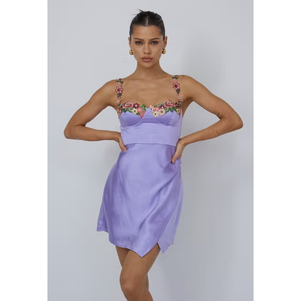 The Ella Lavender Floral Trim Bustier Satin Slip Mini Dress