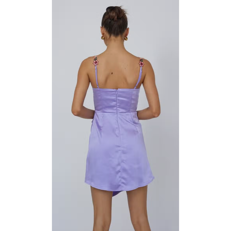 The Ella Lavender Floral Trim Bustier Satin Slip Mini Dress