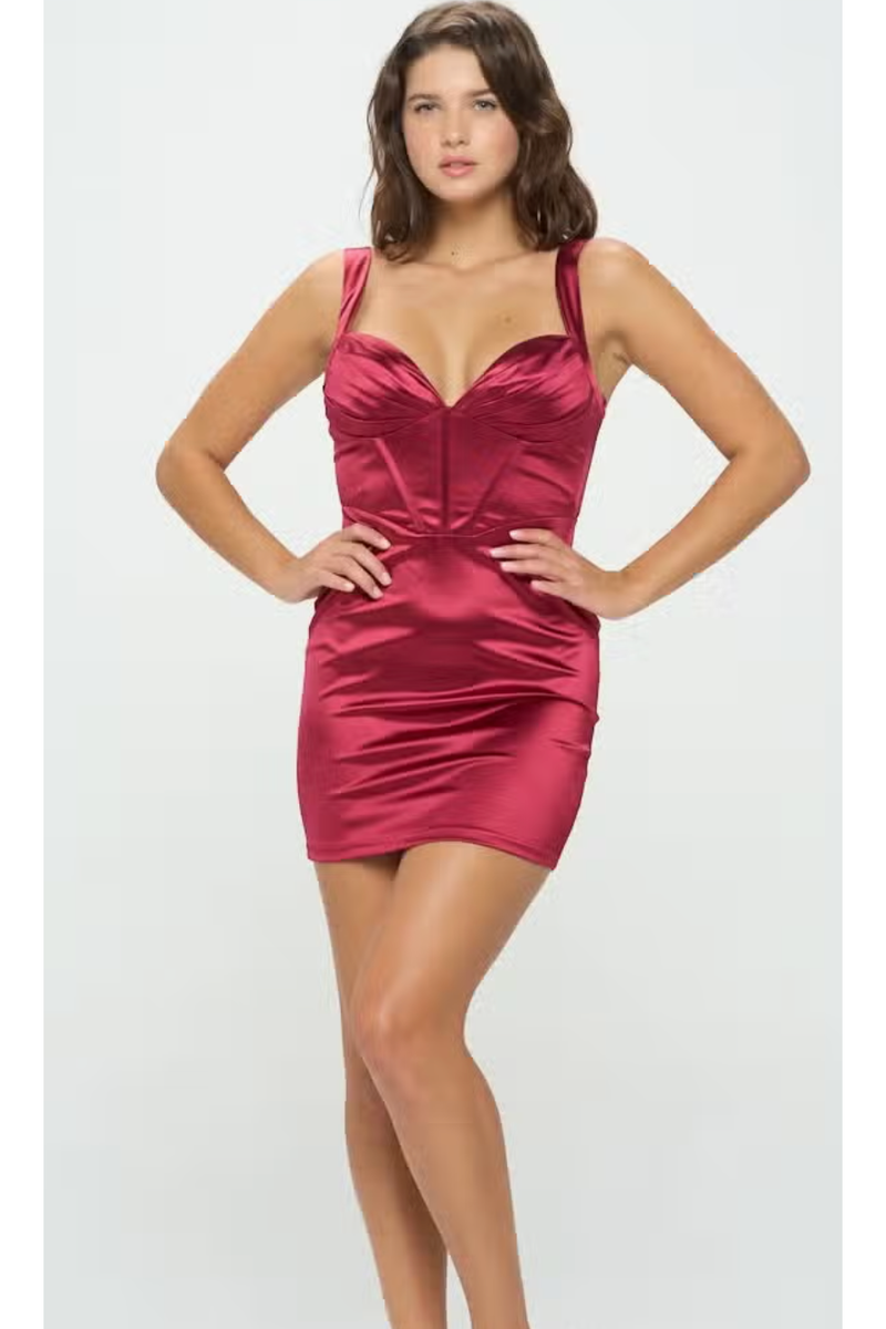 The Belle Burgundy Satin Corset Mini Dress Cason Couture