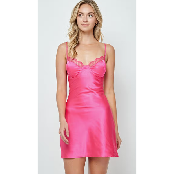 The Barbie Pink Satin Lace Detail Slip Mini Dress