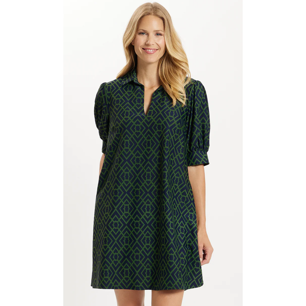 The Emerson Navy/Loden Green Lattice Print Mini Dress