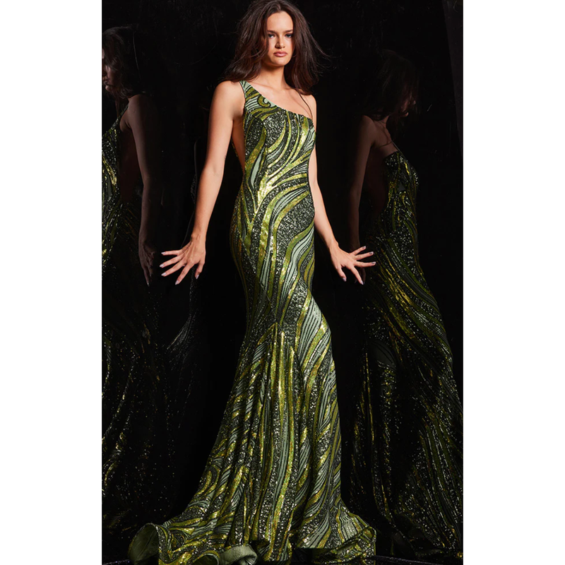The Jovani Olive/Lime One Shoulder Sequin Embellished Gown