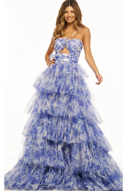 The Sherri Hill Blue/Ivory Floral Print Tiered Ruffle Gown Cason Couture The Sherri Hill Blue/Ivory Floral Print Tiered Ruffle Gown Cason Couture