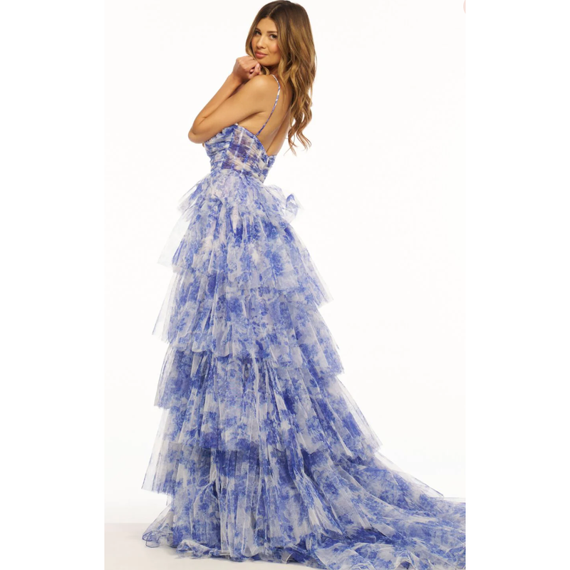 The Sherri Hill Blue/Ivory Floral Print Tiered Ruffle Gown